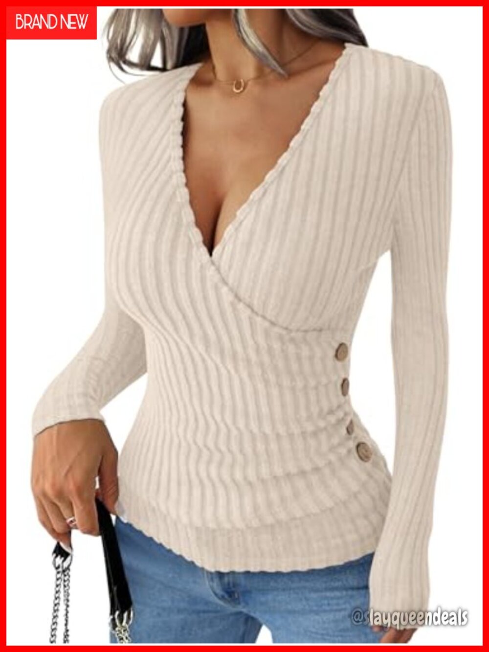 Women's Long Sleeve V Neck Slim Fit Ribbed Top Button Side Office Blouse